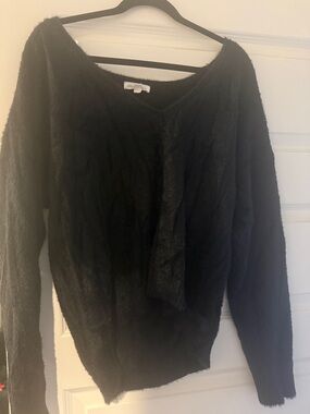 Adyson Parker Black Fuzzy V-Neck Long Sleeve Sweater